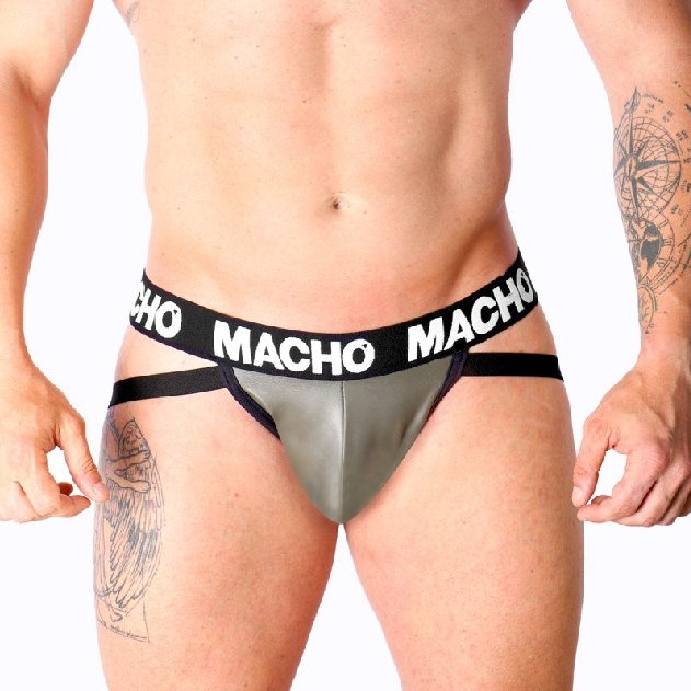 Macho Mx27Gr Jockstrap em Pele Cinzenta e Beige S